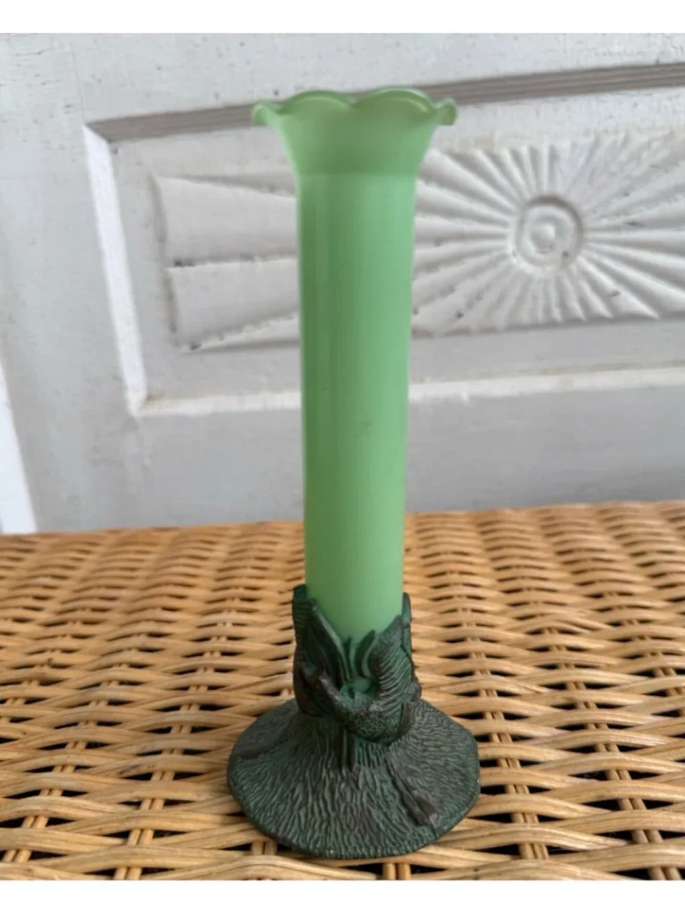 Antique 1910s Nouveau Green Opaline Glass Trumpet Bud Vase Metal Base